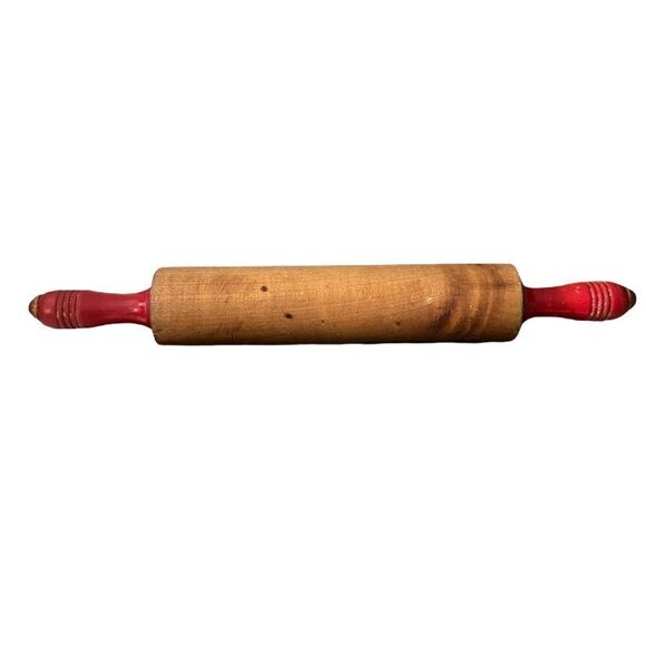 Vintage Wooden Rolling Pin 1940’s Red Handles AWESOME - Picture 1 of 3